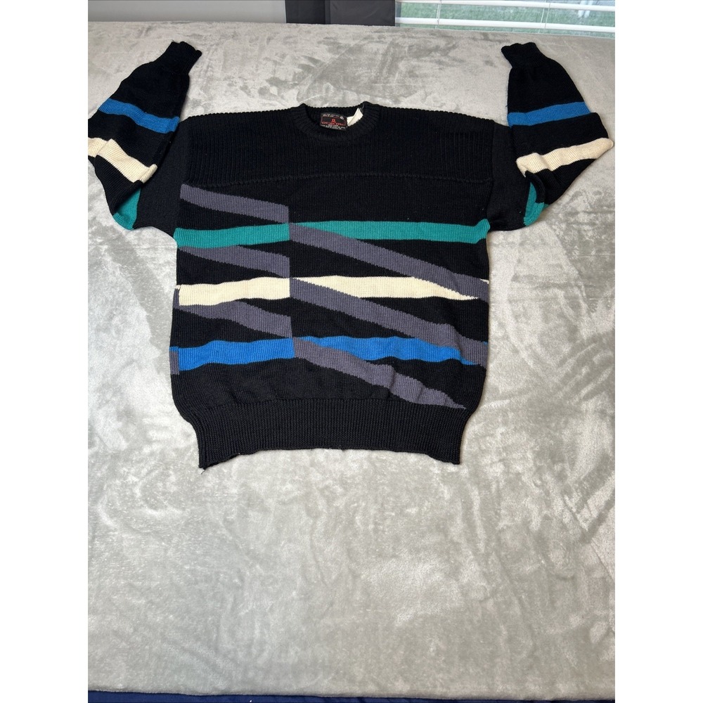 Vintage Demetre Mens Black Blue Green Sweater Pullover Pure Wool Size L